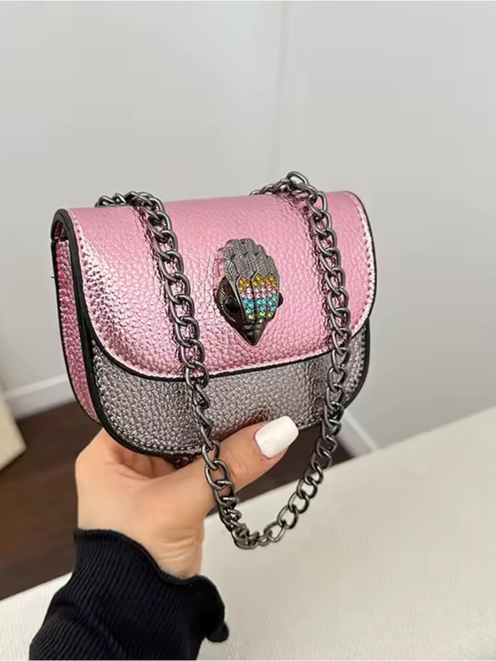 Kurt Geiger Pink and Silver Mini Chain Crossbody Bag 12cm x 4cm x9cm